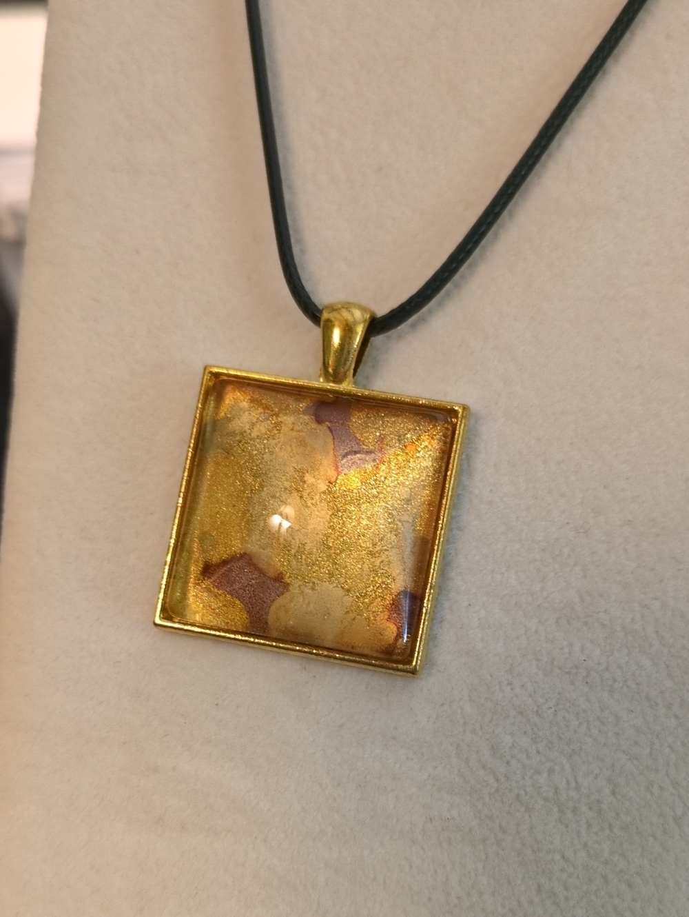 Gold Square Hand Painted Glass Pendant Necklace with Black Cord
